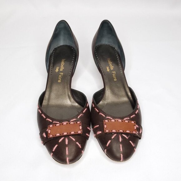 Isabella Fiore Leather Pumps 8 Brown Pink Embroidered Yarn Kitten Heel Open Side - Picture 3 of 9